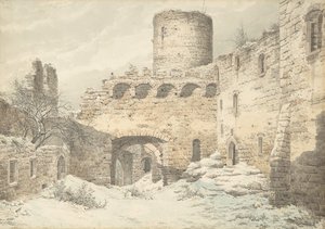 Vintervy över innergården till ett medeltida slott i ruiner, 1832. av Julius von Leypold