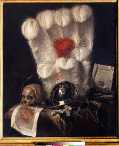 Fåfänga med dödskalle omgiven av ett öra av vete, hjälm, dolk (eller svärd), horn, fjädrar och en kopia av "Electra" av Sophocles. Målning av Jurlaen van Streeck (1632-1687). Olja på duk, 98 x 84 cm av Jurian van Streeck or Streek
