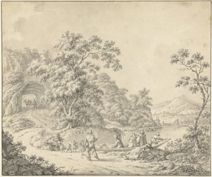 Landskap med en båt där en herde med sin flock av Jurriaan Andriessen (attributed to)