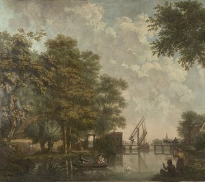 Tre väggbonader med holländskt landskap Tapetmålning av ett holländskt landskap med en öppen bro Tre tapetmålningar av ett holländskt landskap av Jurriaan Andriessen (attributed to)