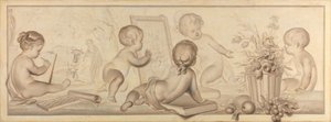 Sex Putti med blommor och frukt och attribut för teckningskonsten av Jurriaan Andriessen (signed by artist)
