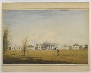 Ett europeiskt hus i Madras, en palanquin och vagn vid dörren, en vattenbärare i förgrunden av Justinian Gantz
