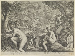 Badande kvinnor och män Älskar Letheo Olika aspekter av kärlek (serietitel) av Justus Sadeler (attributed to)