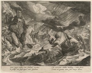 Jonah kastas i det stormiga havet av Justus Sadeler after Paul Bril