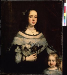 Porträtt av en kvinna och en liten flicka (Porträtt av en dam och en liten flicka). Målning av Justus Suttermans (1597-1681). Olja på duk, 89 x 74 cm, ca 1660. Flamländsk konst, barockstil. Pushkin Museum of Fine Arts, Moskva.