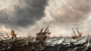 Frakt i Choppy Seas med en val i förgrunden av Justus de Verwer