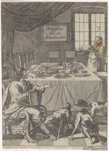 Zoilus sitter vid ett dukat bord De Gustibus non est disputandum (titel på objekt) av Justus van den Nijpoort