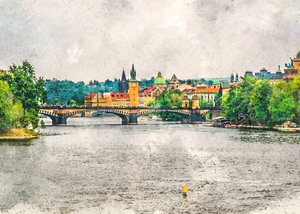 Stadsbild vid floden i Prag av Justyna Jaszke