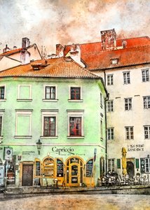 Akvarell: Europeiskt kafé av Justyna Jaszke