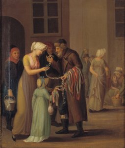 Gatubild i Köpenhamn runt år 1800. Den piskade juden säljer spetsar till en ung flicka av KMS 3007 Ubekendt
