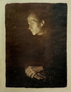 Arbetarkvinna i profil till vänster av Käthe Kollwitz