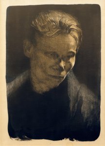 Halvlångt porträtt av en arbetarkvinna med ett blått tyg av Käthe Kollwitz