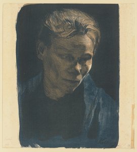 Halvfigurporträtt av en kvinna ur arbetarklassen med en blå sjal av Käthe Kollwitz