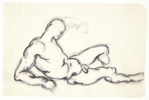 Studie av liggande naken man. Studera för figuren av Adam i gruppen "The waking Eve"