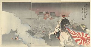 De allierade styrkorna attackerar Peking; de japanska trupperna framför porten till Chaoyang. Rengogun Pekin Hogebi Nichi pistol Ehoyomon senryo no zu (titel på objekt)