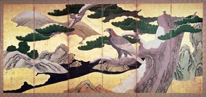 The Hawks in the Pines, 6 panelers vikbar duk (pen och bläck, färg, guld på panel) (se 216561)
