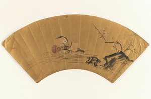 Mandarin anka och blommande plommon (bläck & färg på bladguld) av Kano Yukinobu