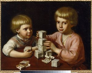 Barn som leker (Barn som leker). Två bröder, som har gjort kuber av spelkort, staplar dem på ett bord. Målning av Kapiton Stepanovich Pavlov (1792-1852), olja på duk av Kapiton Stepanovich Pavlov