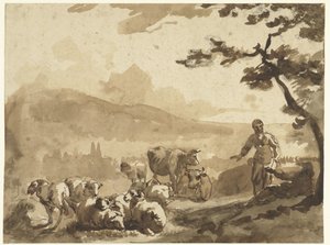 Bergslandskap med herdar med deras flock får och kor av Karel Du Jardin
