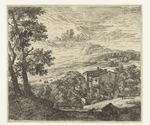 Kuperat landskap med hus och åsna och två får av Karel Du Jardin