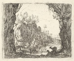 Landskap flankerat av träd i vänster och höger förgrund, silhuetter av två goa..., ca. 1641-78. av Karel Du Jardin