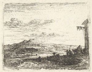 Landskap med hörn av byggnad och markis längst till höger, två figurer och en häst-..., ca. 1641-78. av Karel Du Jardin