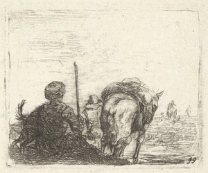 Flockhäst, sittande man med stav i höger hand och hund, allt sett bakifrån..., ca. 1641-78. av Karel Du Jardin