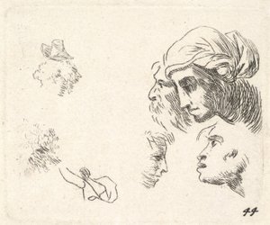 Studie av huvuden i profilvy, en kvinna med huvudduk och skäggig man vars huvud ..., ca. 1641-78. av Karel Du Jardin