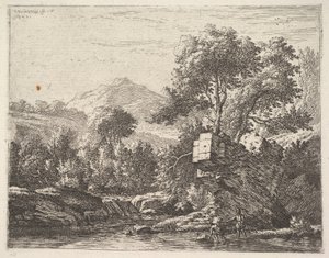 Två män som står ankeldjupt i en vattenmassa med en klipphäll bakom sig, till..., 1658. av Karel Du Jardin