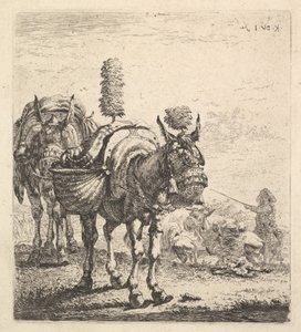 Två mulor som bär väskor och utrustade med skygglappar, plymer och tofsar, en mu..., ca. 1641-78.