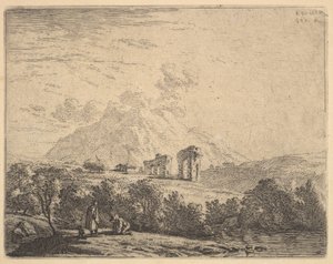 Utsikt över en sluttning med ruiner, en akvedukt och bergsklippa bortom, i förgrunden en m..., 1658. av Karel Du Jardin