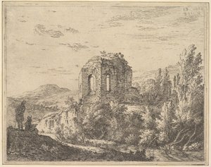 Vy över ruiner som visar hörnet av en byggnad med två välvda fönster, i ett landskap med..., 1658. av Karel Du Jardin