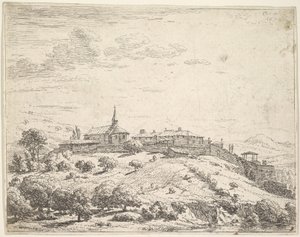 Muromgärdad by på en kulle, med kyrkan till vänster och byggnader byggda på nedförsbacken a..., 1658. av Karel Du Jardin