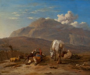 Italienskt landskap med en ung herde som leker med sin hund av Karel Dujardin