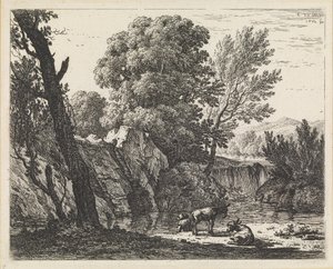 Landskap med en man och två åsnor av Karel Dujardin