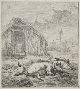 Tre svin som ligger framför en stall av Karel Dujardin