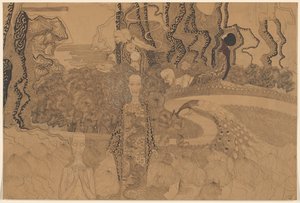 Allegorisk framställning med figurer och en påfågel i en trädgård av Karel de Nerée tot Babberich (signed by artist)