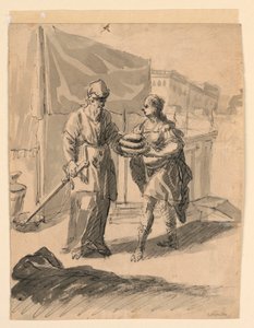 Teckning, Figur som överlämnar bröd till en general, ca 1650