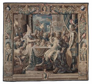 Cleopatra Entertains Antony; gobeläng, ca 1640 (tuskaftsväv i ull och siden med varpväv i ull) av Karel van II Mander