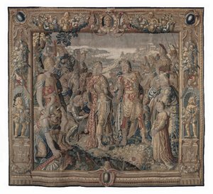 Octavia påverkar Tarentums konkordat; gobeläng, okänt datum (ull | blyerts) av Karel van II Mander