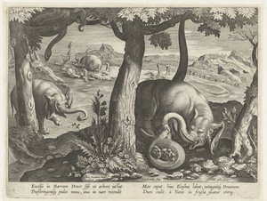 Olifant mötte slang i strid Jachttaferelen (serietitel) Jakten på vilt, fågel och fisk i Bestiary (serietitel) av Karel van Mallery (attributed to)
