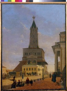 Sukharev-tornet i Moskva. Byggd 1695, arkitekten Tchoglokov och revs 1934, var den belägen i hörnet av ringen av trädgårdar och Stretenka Street. Målning av Karl Petrovich Bodri (1812-1894), olja på duk av Karl-Fridrikh Petrovich Bodri