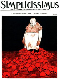 Omslaget till den tyska tidskriften Simplicissimus (ca ) föreställer Churchill och en flod av blod och dödskallar. ca 1940 (litografi)