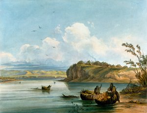 Mandan indiankvinnor korsar Missourifloden på båtar gjorda av buffelskinn, indiansk civilisation, USA av Karl Bodmer