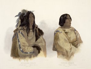 Mehkskeme-Sukahs, svartfotshövding och Tatsicki-Stomick, Piekannshövding, tavla 45 från volym 2 av "Travels in the Interior of North America", graverad av Allais, 1844 (akvatint). av Karl Bodmer