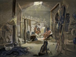 The Interior of a Hut of a Mandan Chief, skylt 19 från volym 2 av Travels in the Interior of North America, graverad av Narcisse Desmadryl, 1844 färgad akvatintdetalj av 103848 av Karl Bodmer