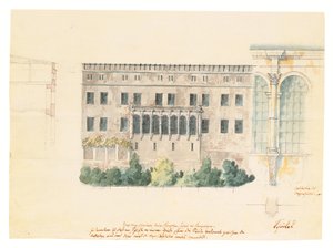 En design för ett nytt trapphus för norra fasaden på slottet i Stettin, med en delstudie av loggian, ett tvärsnitt av fasaden och en engagerad pilaster, ca 1840 (penna, penna och bläck och av Karl Friedrich Schinkel