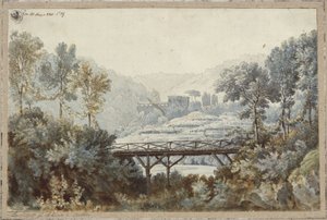 Aline, drottning av Golkonda. Opera av Henri-Montan Berton. Skiss till den 2:a dekorationen. Landskap med flod och bro av Karl Friedrich Schinkel