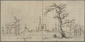 Vy över en stad med en högt resande katedral i ett vinterlandskap av Karl Friedrich Schinkel