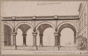 Ariodant. Opera av Étienne Nicolas Méhul. Förslag till den 1:a dekorationen. Arkadgång / Ett galleri av Karl Friedrich Schinkel